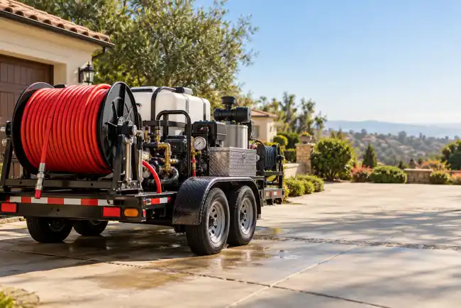 Trailer-mounted industrial hydro-jetter at a residential property