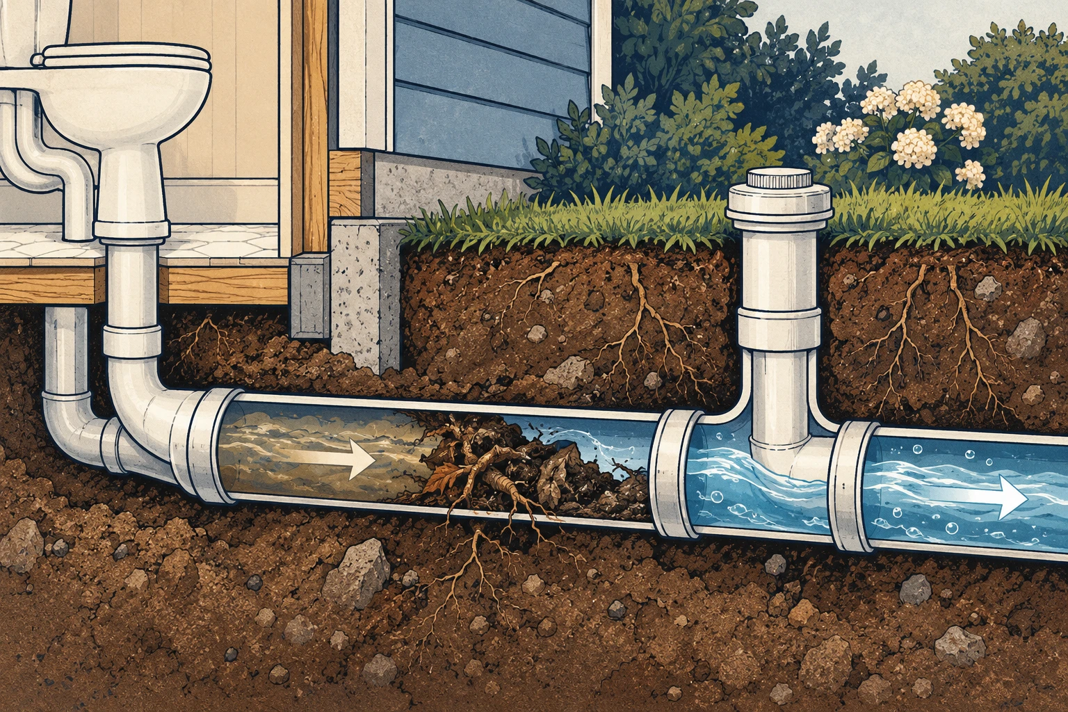 Hand-drawn cutaway showing flow through a residential drain line