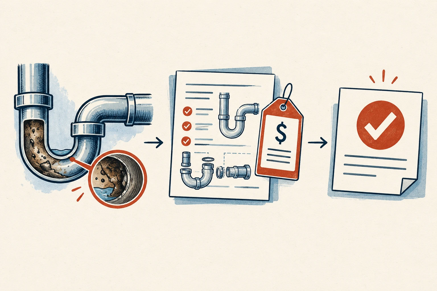 Hand-drawn three-step illustration showing a plumbing issue, options and price, and customer approval