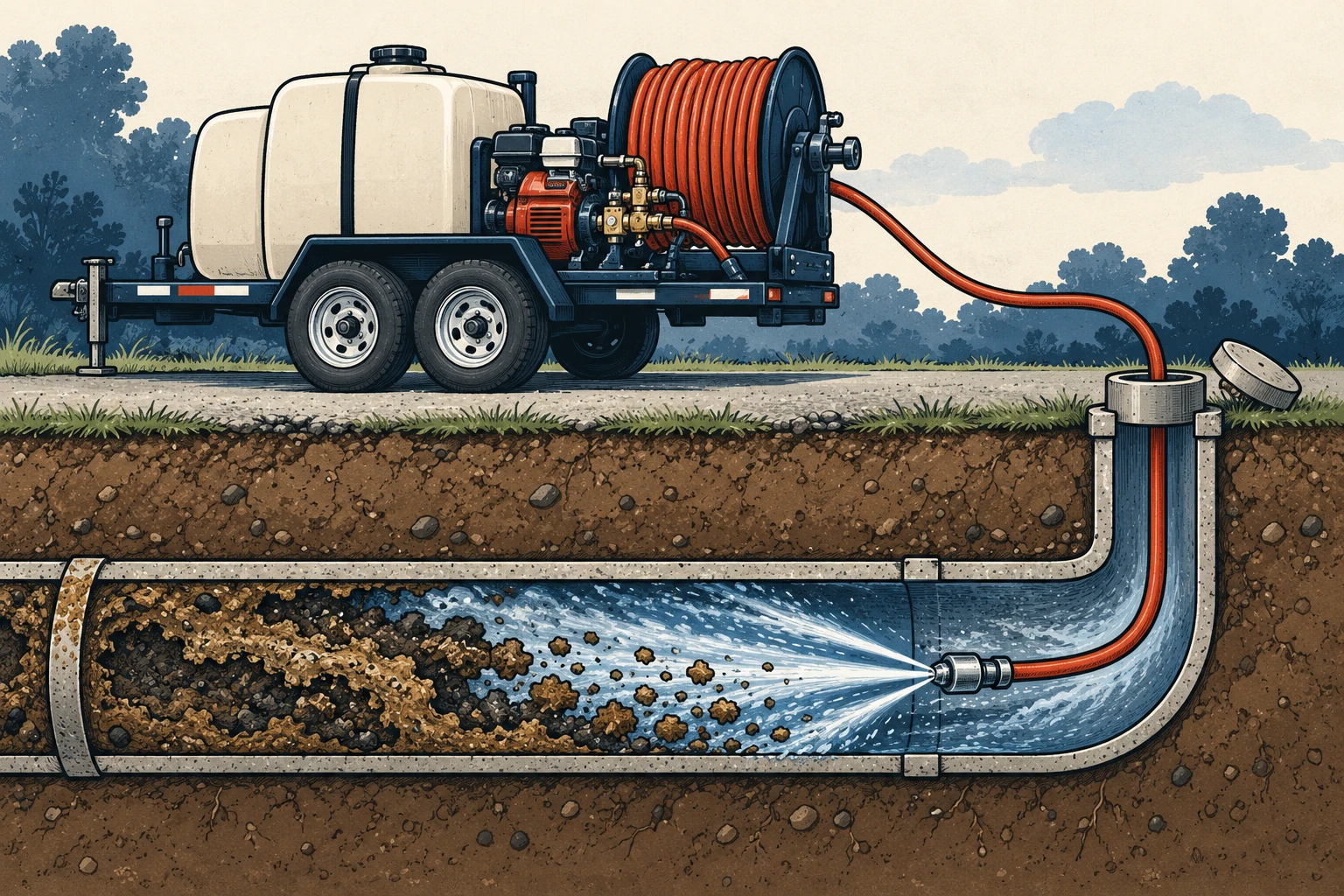 Hand-drawn hydro-jetter sending a high-pressure hose into an underground sewer line