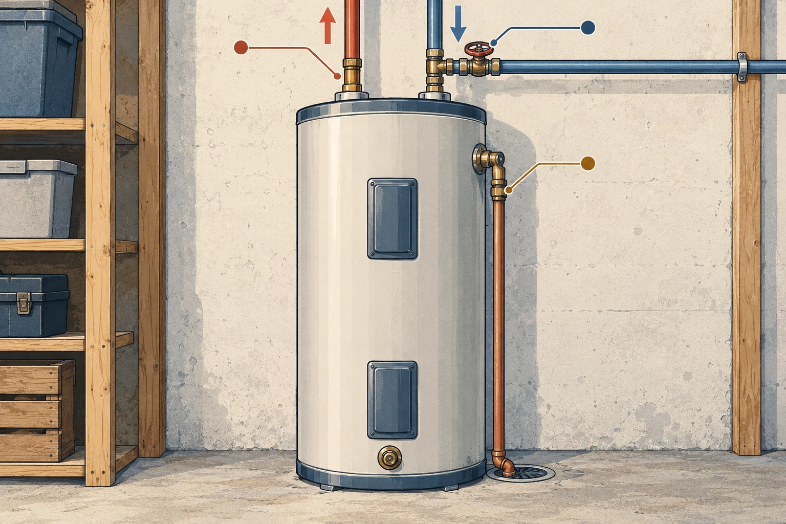 Hand-drawn water heater with supply pipes, shutoff valves, and connections